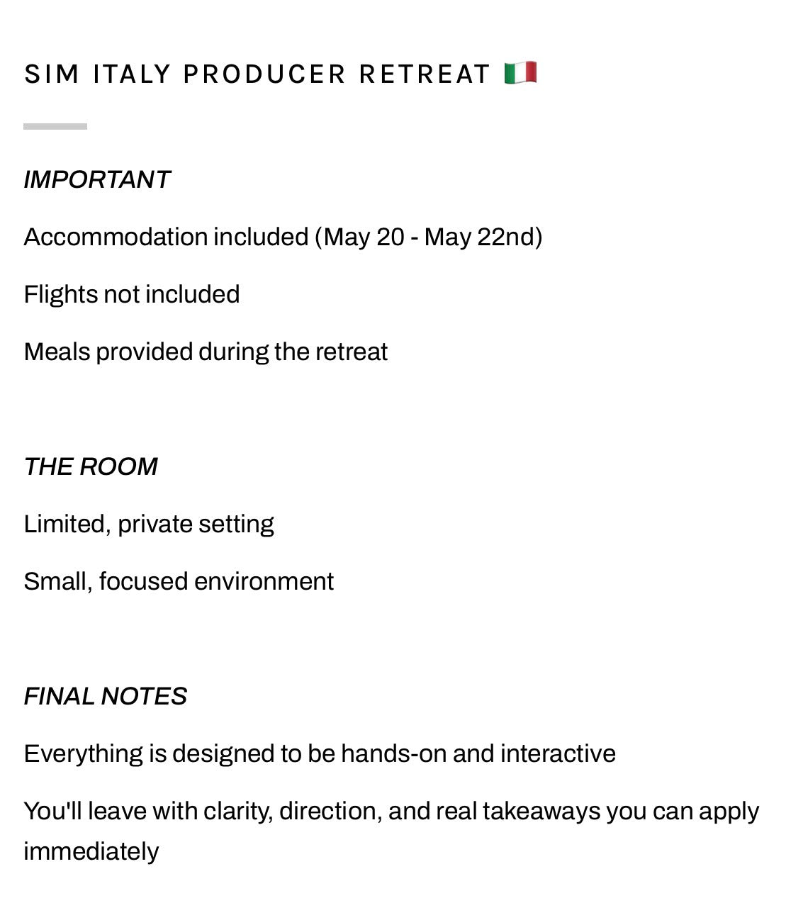 ITALY RETREAT (FIRST DEPOSIT)