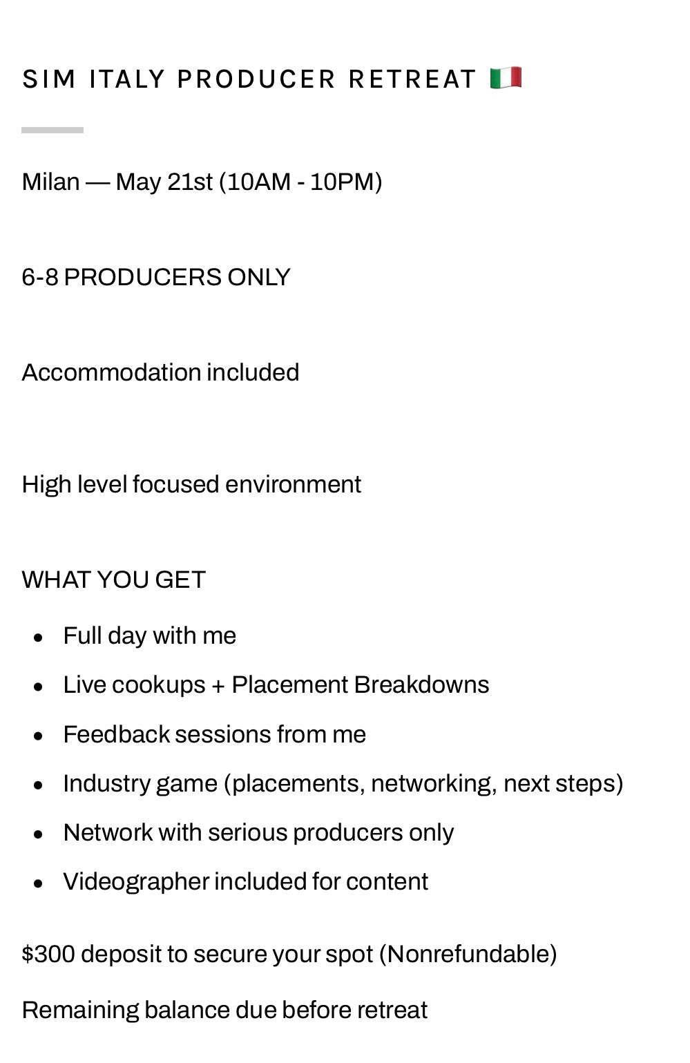 ITALY RETREAT (FIRST DEPOSIT)